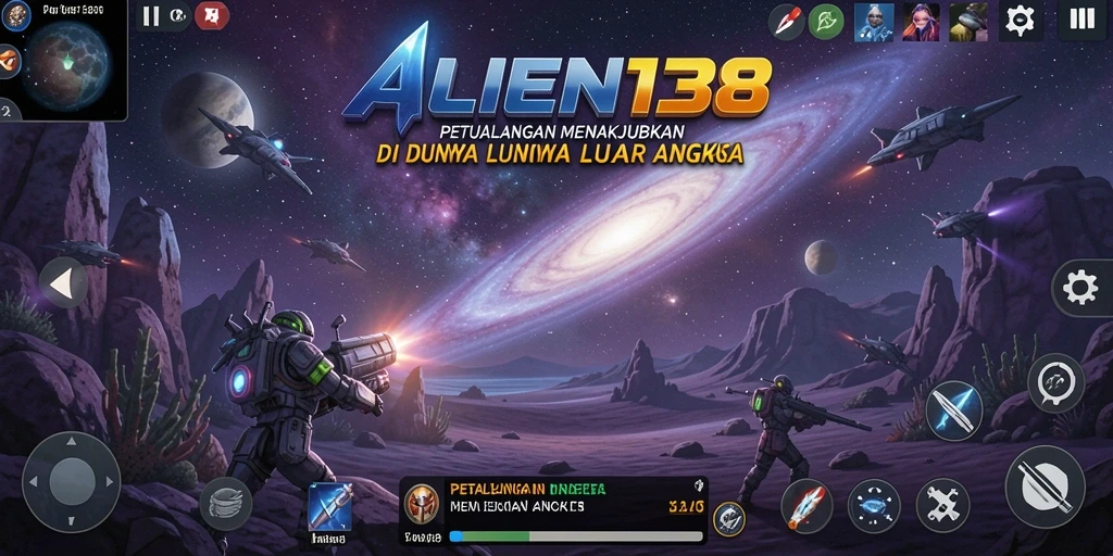 Tangkapan layar dari gameplay adventure ALIEN138 menampilkan eksplorasi galaksi.