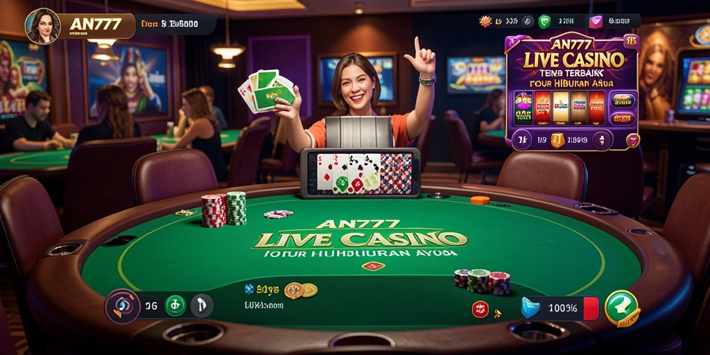 Screenshot AN777 menunjukkan dealer langsung dalam aksi permainan kasino.