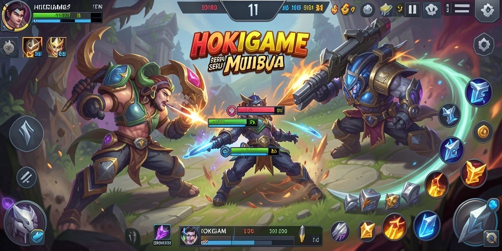 Screenshot gameplay HOKIGAME yang menunjukkan pertarungan seru antar karakter.