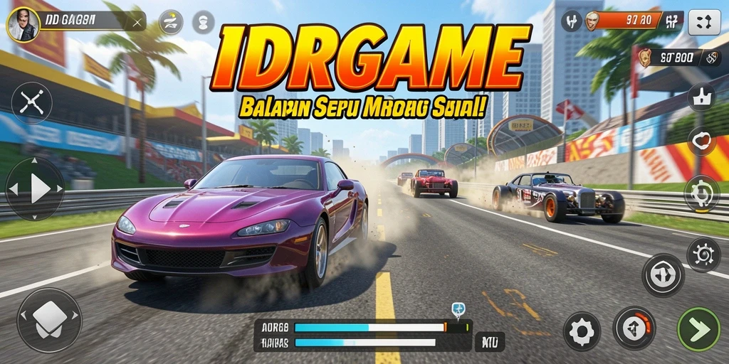 Screenshot gameplay IDRGAME menampilkan balapan mendebarkan di jalur yang penuh tantangan.