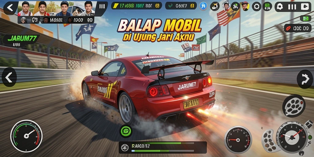 Tangkapan layar gameplay JARUM77 menampilkan aksi balap yang mendebarkan.