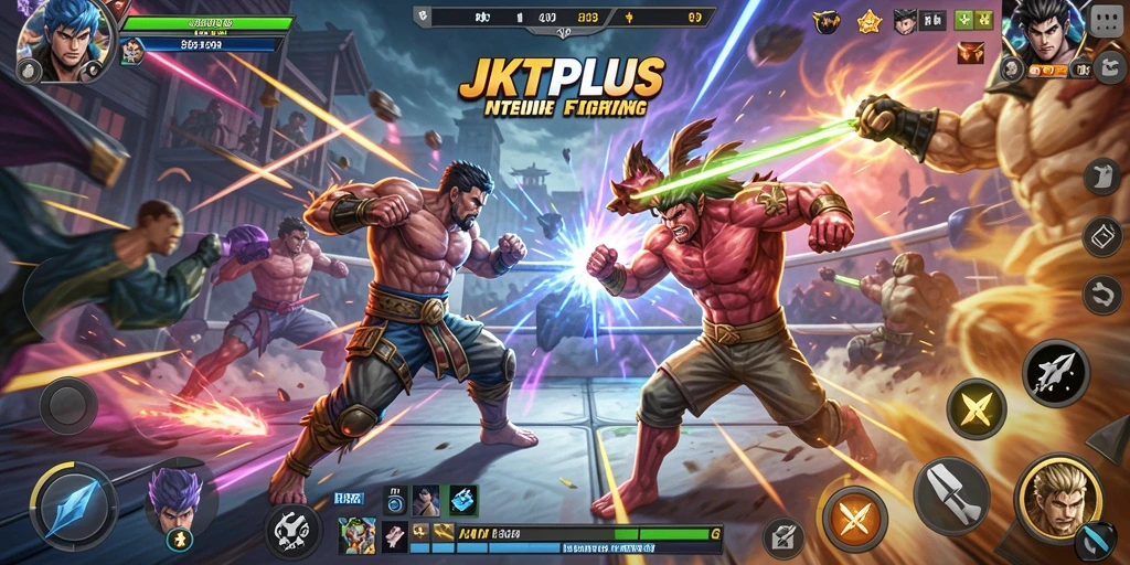 Tampilan dinamis gameplay JKTPLUS dengan pertarungan yang intens.