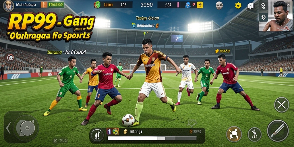 Screenshot utama RP99 menampilkan aksi seru dalam pertandingan olahraga.